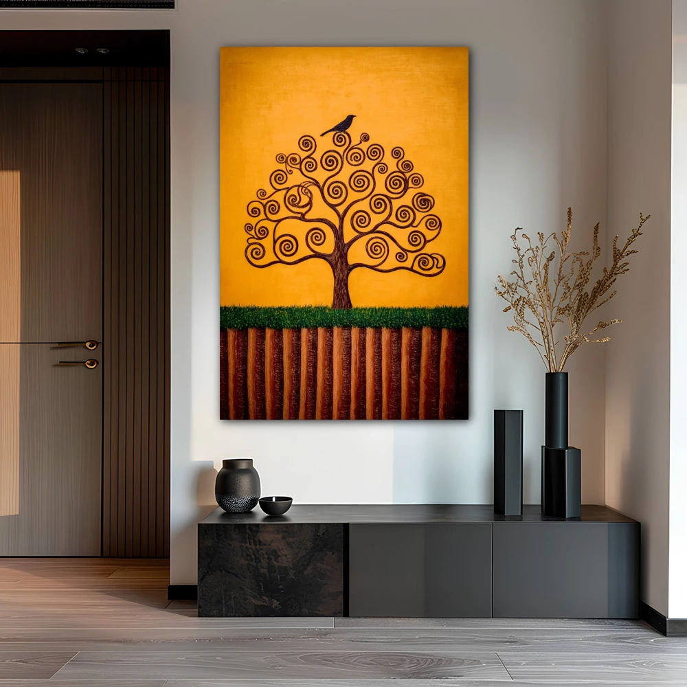 Wall Art titled: Seed of Dreams in a Vertical format with: Mustard, and Orange Colors; Decoration the Office wall
