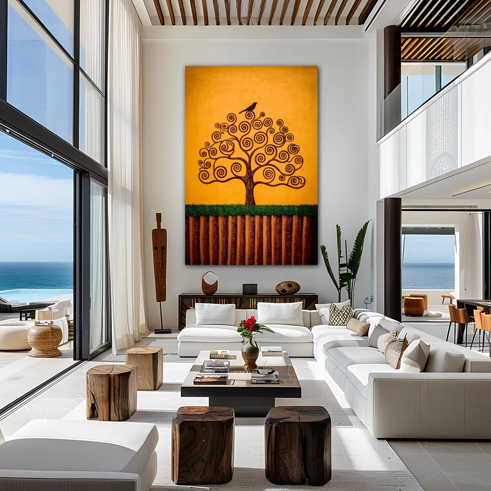 Wall Art titled: Seed of Dreams in a Vertical format with: Mustard, and Orange Colors; Decoration the Living Room wall