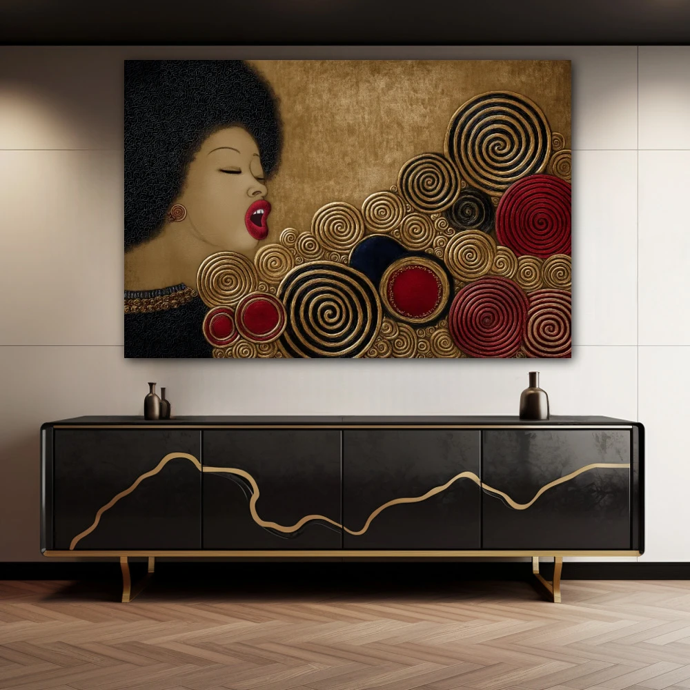 Wall Art titled: Circles of the Vital Groove in a Horizontal format with: Golden, and Red Colors; Decoration the Sideboard wall
