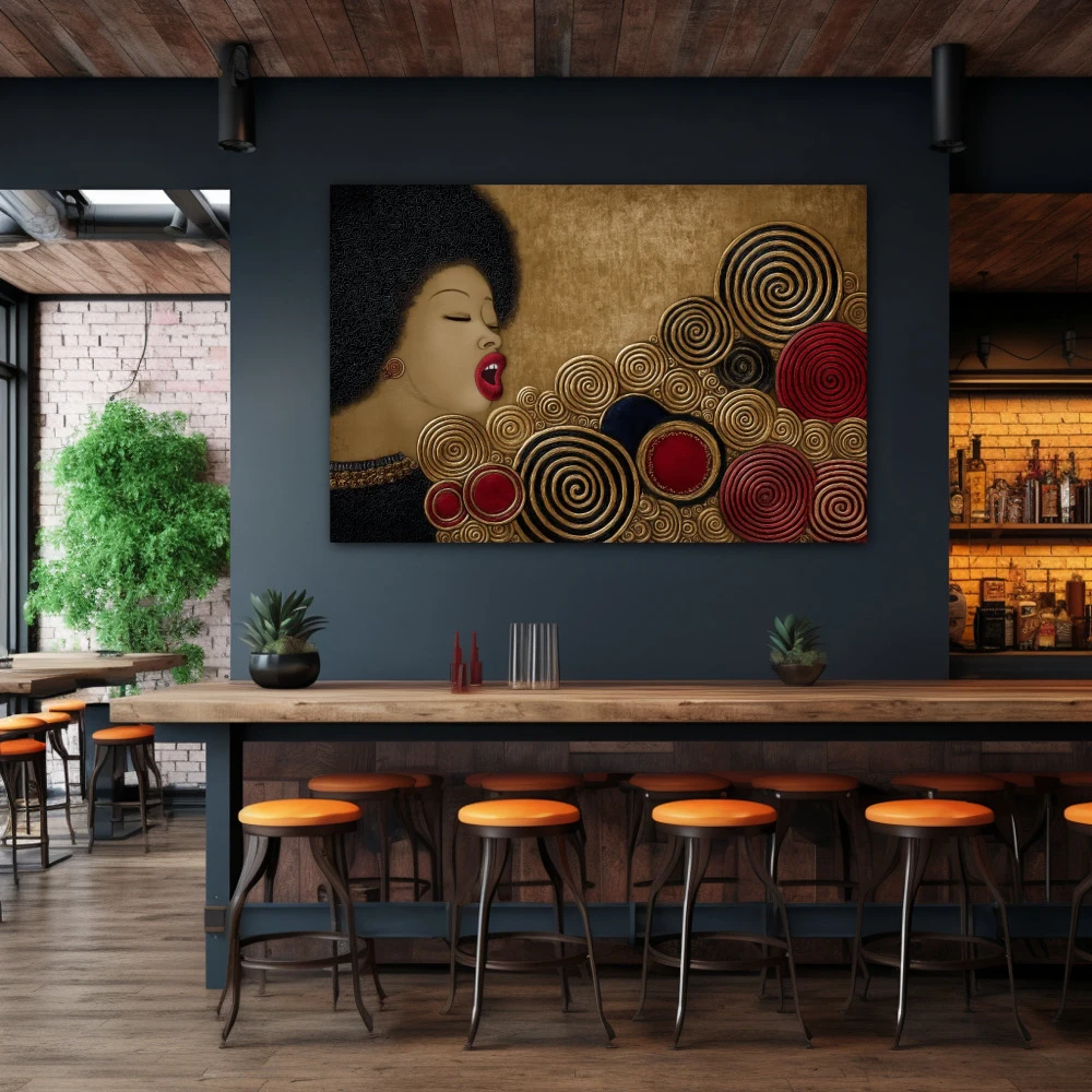 Wall Art titled: Circles of the Vital Groove in a Horizontal format with: Golden, and Red Colors; Decoration the Bar wall