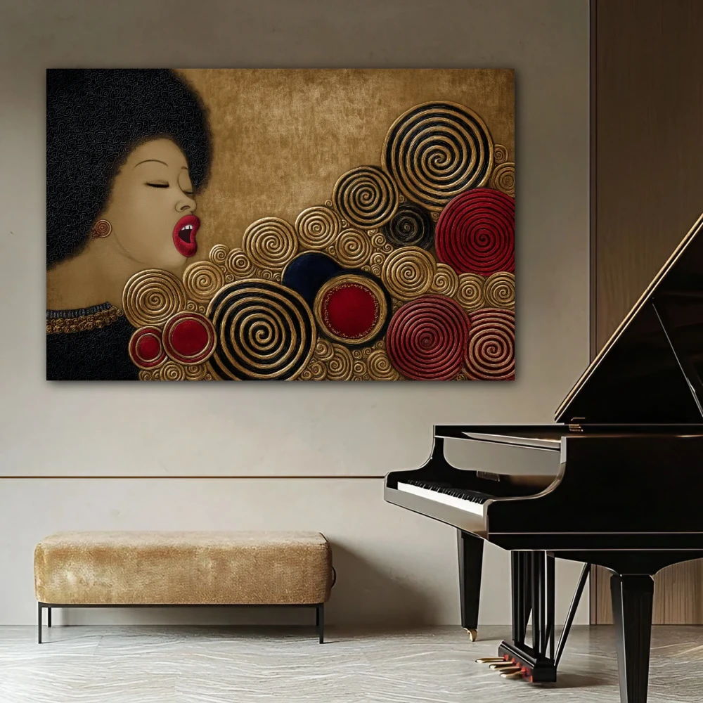 Wall Art titled: Circles of the Vital Groove in a Horizontal format with: Golden, and Red Colors; Decoration the Beige Wall wall