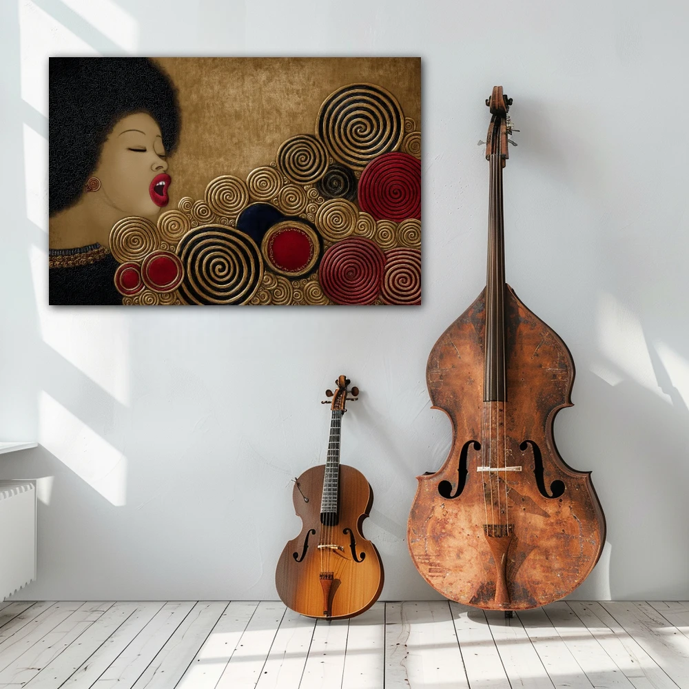 Wall Art titled: Circles of the Vital Groove in a Horizontal format with: Golden, and Red Colors; Decoration the White Wall wall