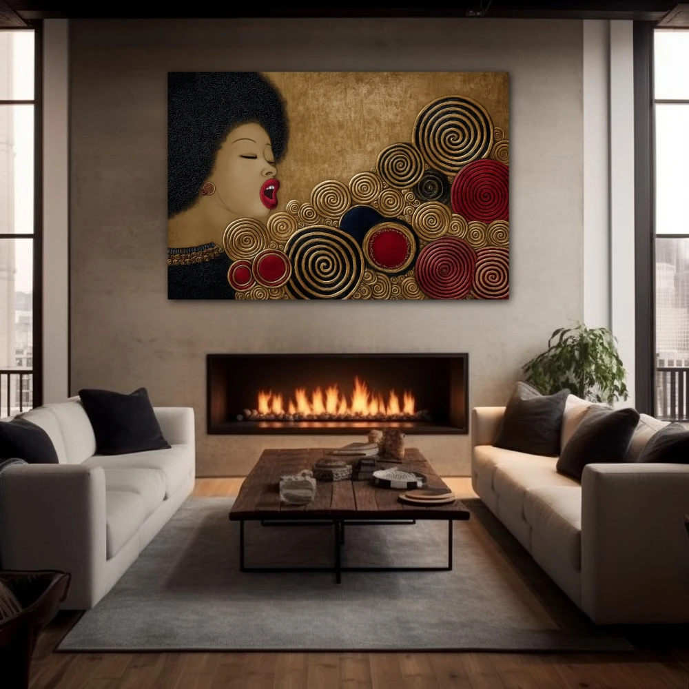 Wall Art titled: Circles of the Vital Groove in a Horizontal format with: Golden, and Red Colors; Decoration the Fireplace wall
