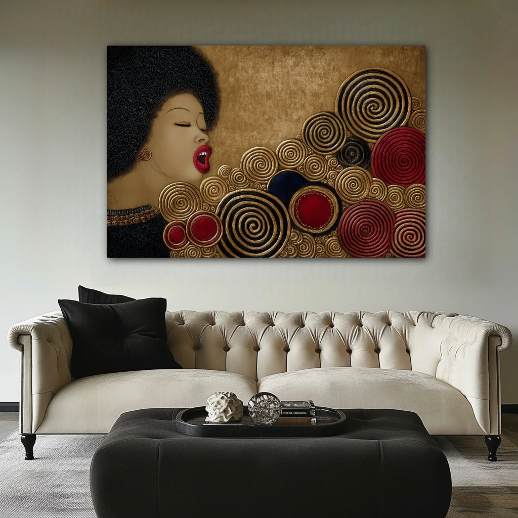 Wall Art titled: Circles of the Vital Groove in a Horizontal format with: Golden, and Red Colors; Decoration the Above Couch wall