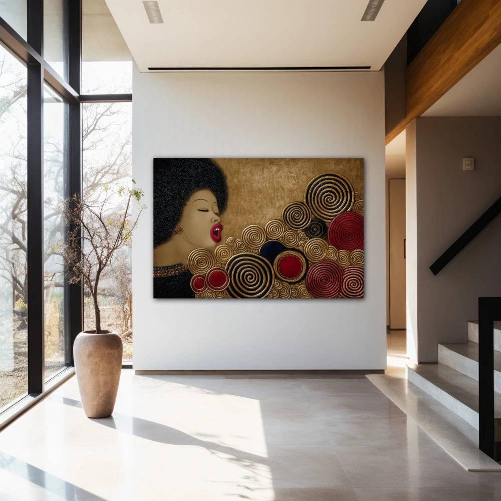 Wall Art titled: Circles of the Vital Groove in a Horizontal format with: Golden, and Red Colors; Decoration the Entryway wall