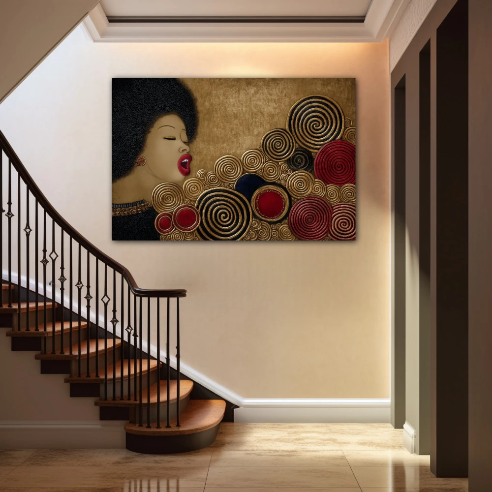 Wall Art titled: Circles of the Vital Groove in a Horizontal format with: Golden, and Red Colors; Decoration the Staircase wall