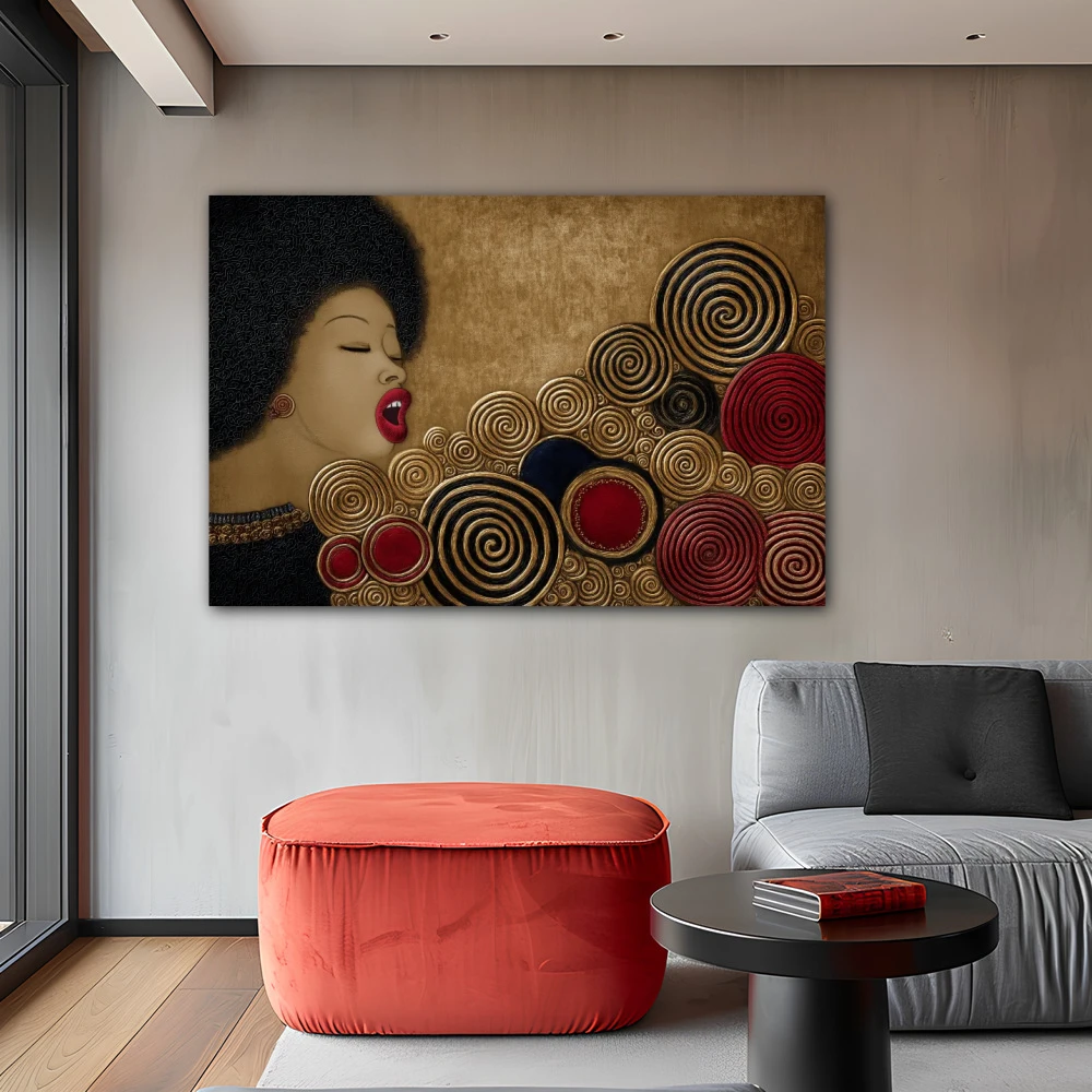 Wall Art titled: Circles of the Vital Groove in a Horizontal format with: Golden, and Red Colors; Decoration the Grey Walls wall