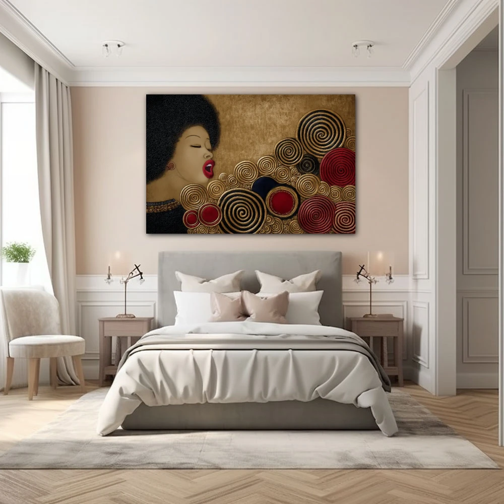 Wall Art titled: Circles of the Vital Groove in a Horizontal format with: Golden, and Red Colors; Decoration the Bedroom wall