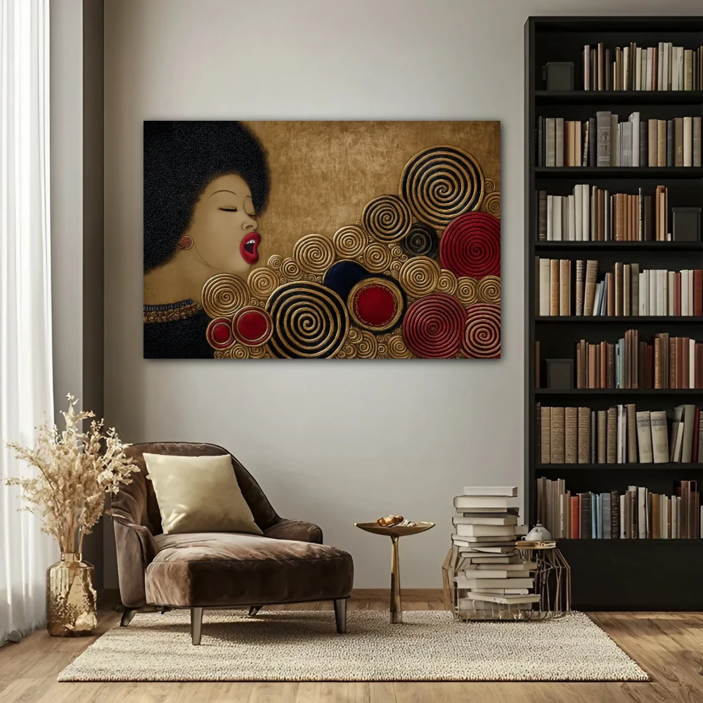 Wall Art titled: Circles of the Vital Groove in a Horizontal format with: Golden, and Red Colors; Decoration the Office wall