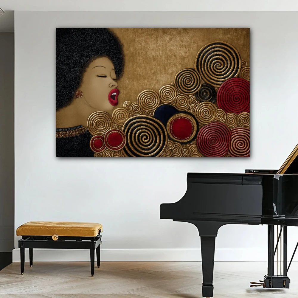 Wall Art titled: Circles of the Vital Groove in a Horizontal format with: Golden, and Red Colors; Decoration the Living Room wall