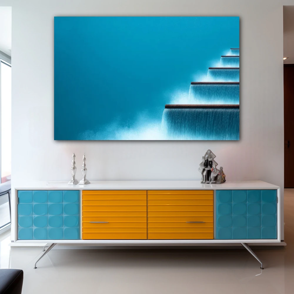 Wall Art titled: Being and Flowing in a Horizontal format with: Blue, and Sky blue Colors; Decoration the Sideboard wall