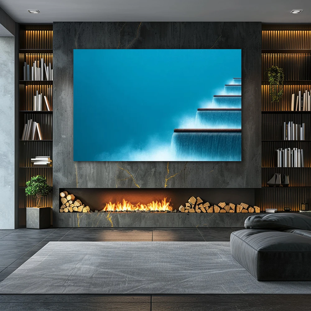 Cuadro ser y fluir en formato horizontal con colores azul, celeste; decorando pared de chimenea