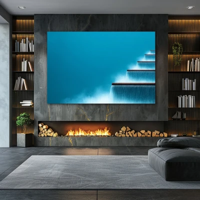 Cuadro ser y fluir en formato horizontal con colores azul, celeste; decorando pared de chimenea