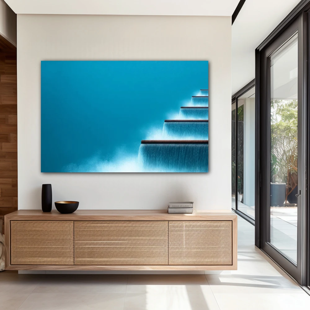 Cuadro ser y fluir en formato horizontal con colores azul, celeste; decorando pared de entrada y recibidor