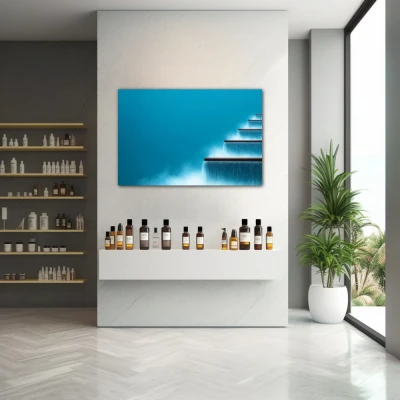 Cuadro ser y fluir en formato horizontal con colores azul, celeste; decorando pared de farmacia