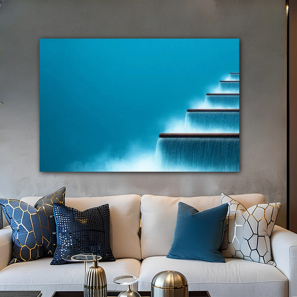 Cuadro ser y fluir en formato horizontal con colores azul, celeste; decorando pared gris