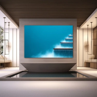 Cuadro ser y fluir en formato horizontal con colores azul, celeste; decorando pared de spa