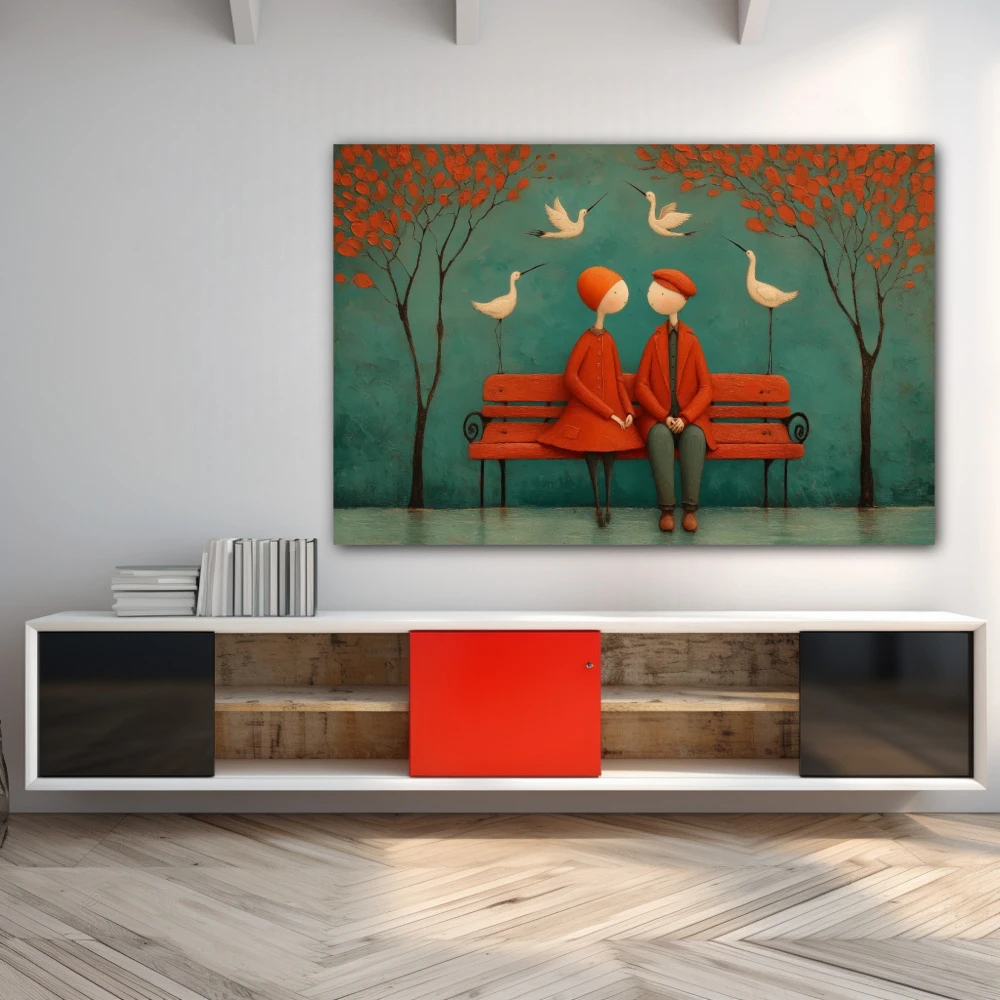 Wall Art titled: Where silences nest in a Horizontal format with: Blue, and Red Colors; Decoration the Sideboard wall
