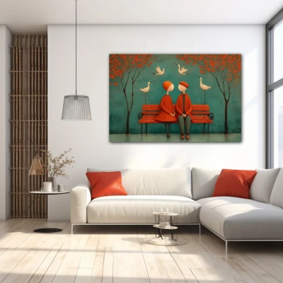 Cuadro Donde anidan los silencios en formato horizontal con colores Azul, Rojo; Decorando Pared blanca