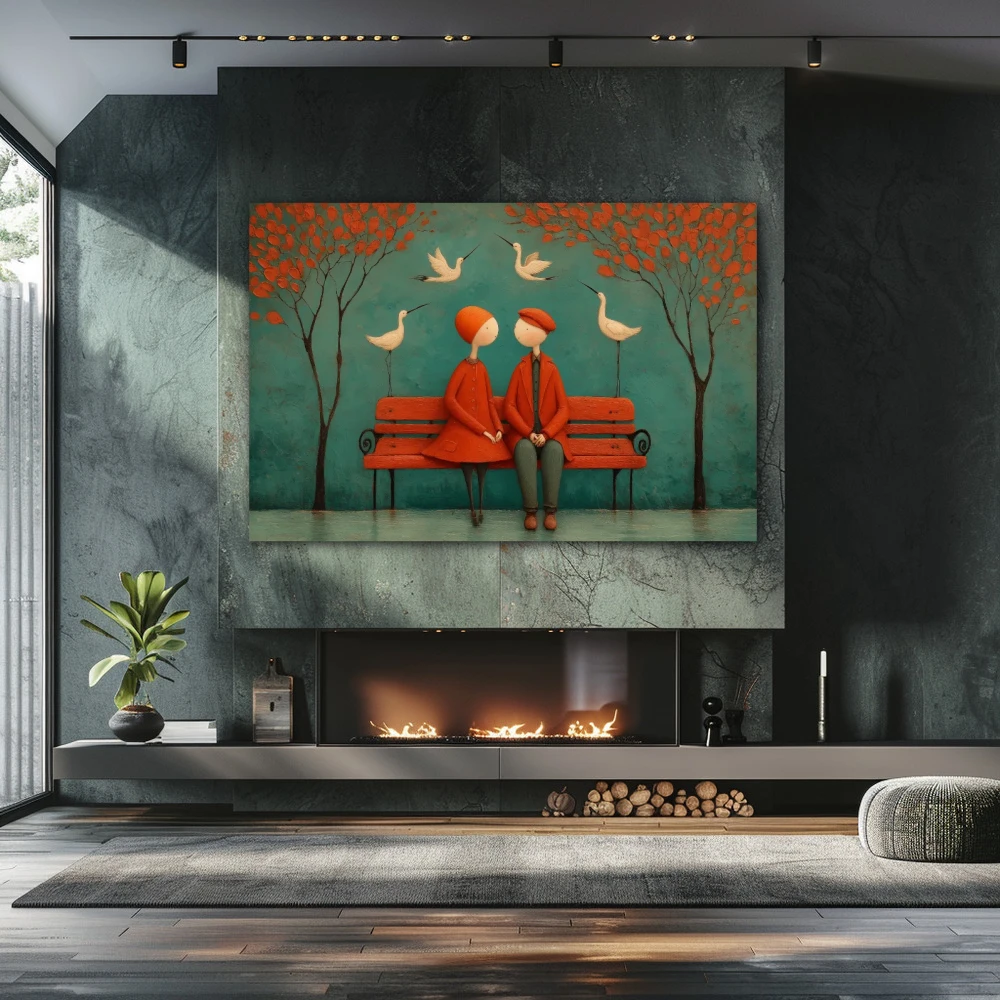 Wall Art titled: Where silences nest in a Horizontal format with: Blue, and Red Colors; Decoration the Fireplace wall
