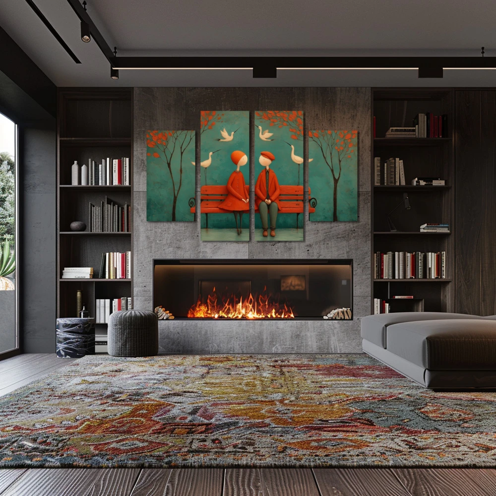 Wall Art titled: Where silences nest in a Horizontal format with: Blue, and Red Colors; Decoration the Fireplace wall