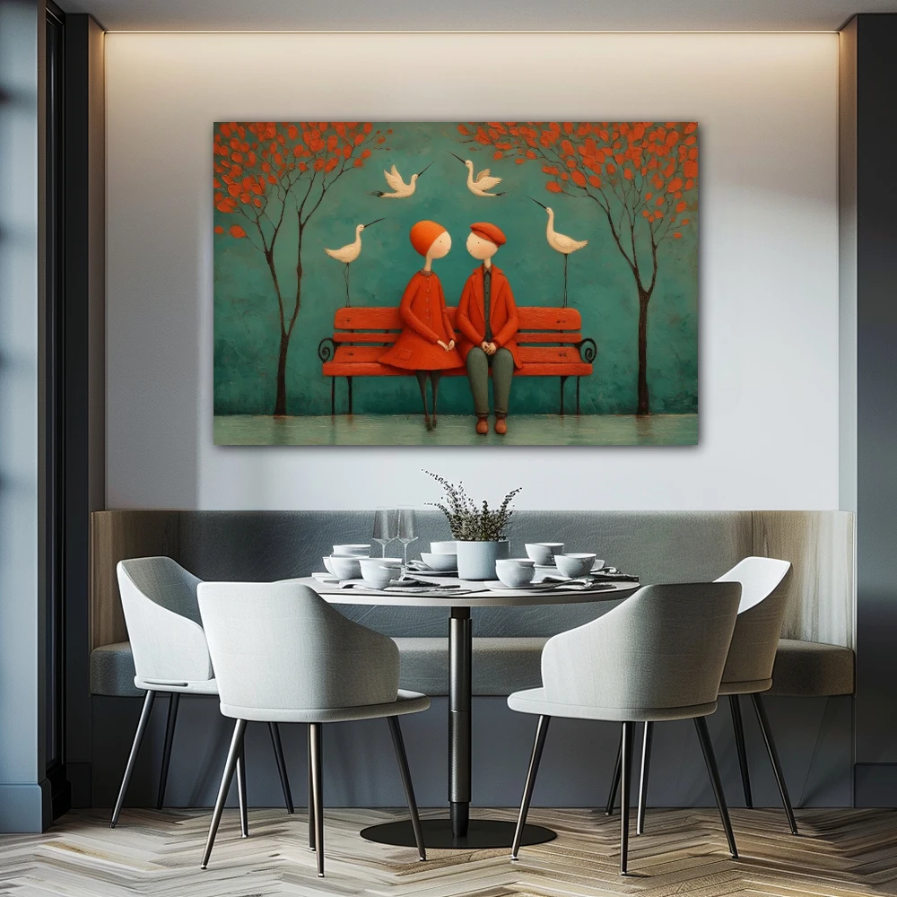Wall Art titled: Where silences nest in a Horizontal format with: Blue, and Red Colors; Decoration the Kitchen wall