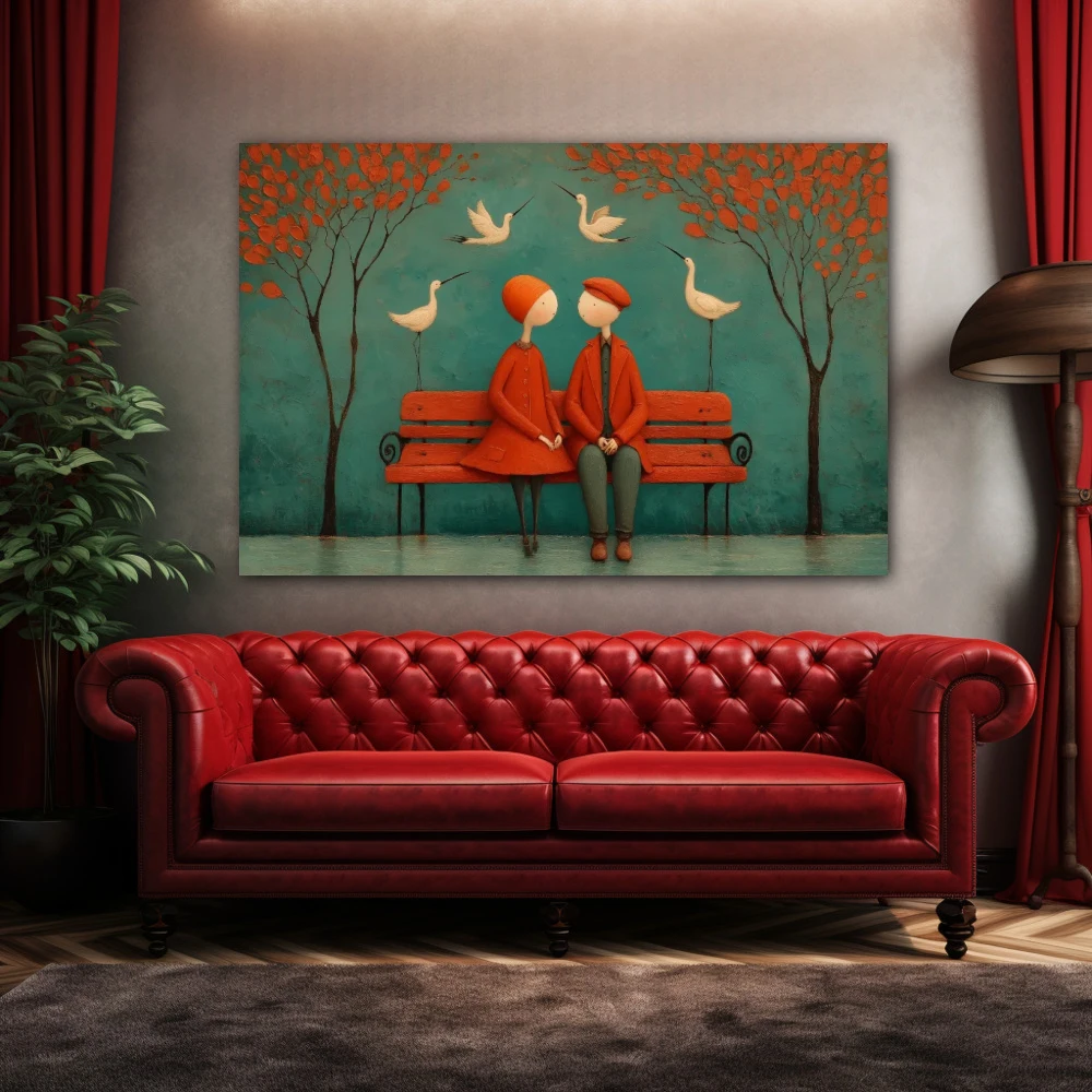 Wall Art titled: Where silences nest in a Horizontal format with: Blue, and Red Colors; Decoration the Above Couch wall