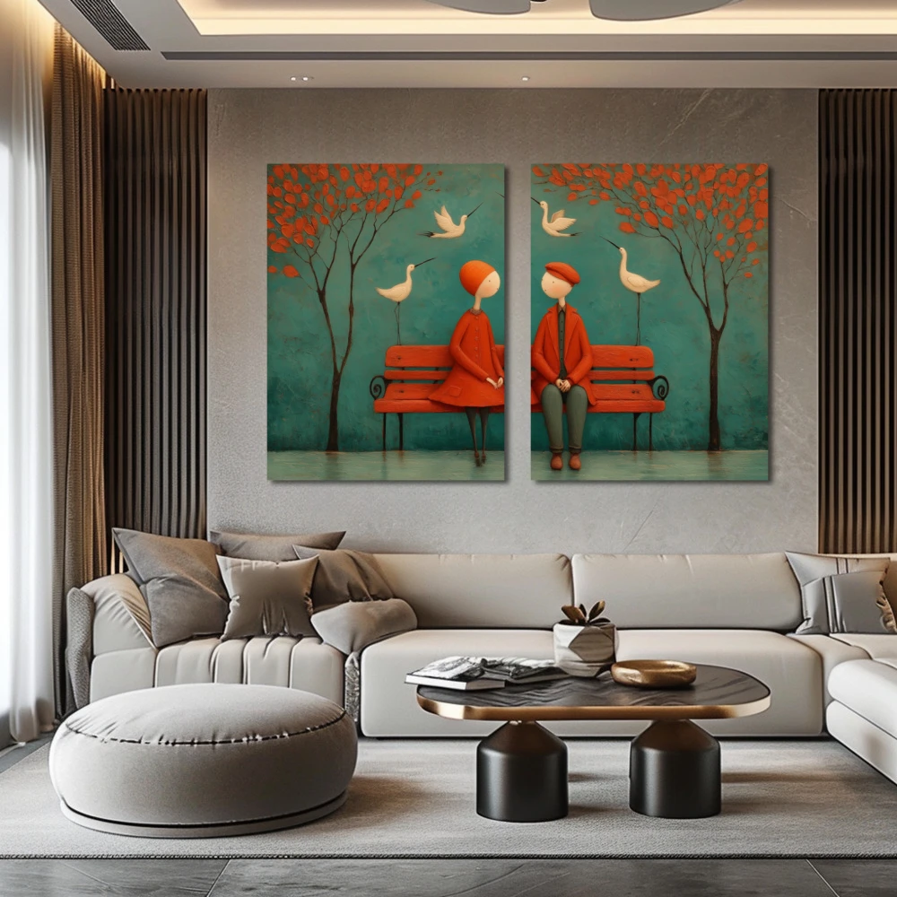 Wall Art titled: Where silences nest in a Horizontal format with: Blue, and Red Colors; Decoration the Above Couch wall