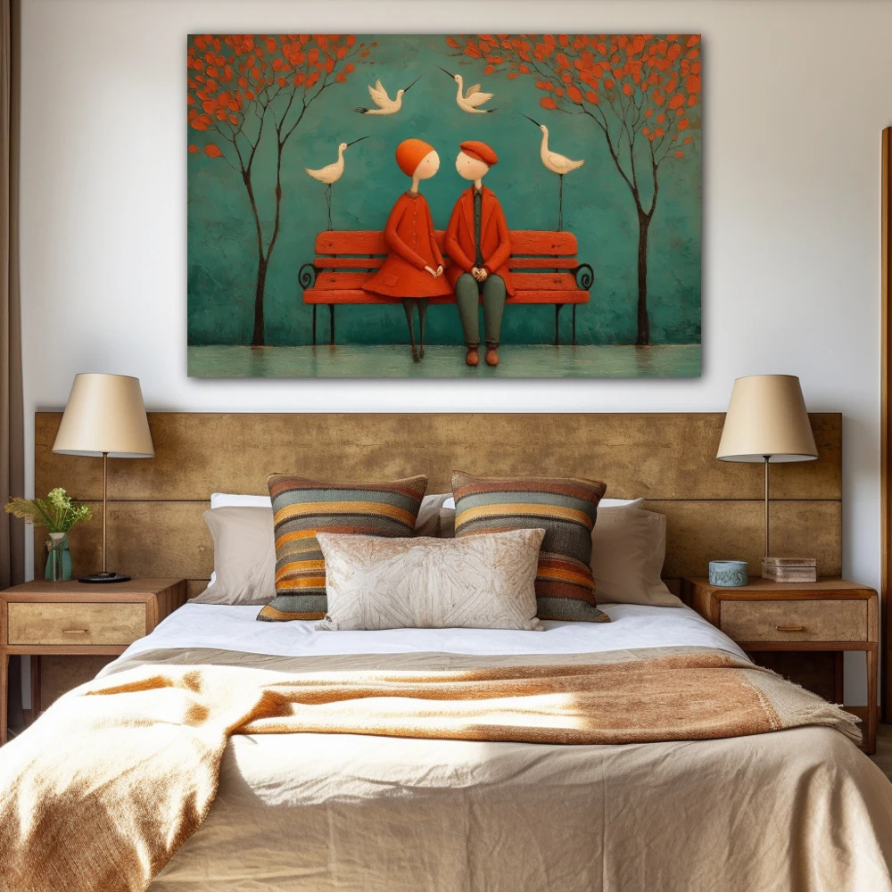 Wall Art titled: Where silences nest in a Horizontal format with: Blue, and Red Colors; Decoration the Bedroom wall