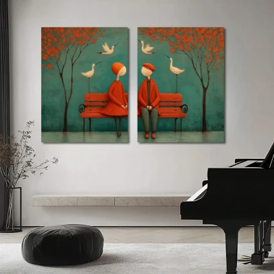 Cuadro donde anidan los silencios en formato díptico con colores azul, rojo; decorando pared de salón comedor