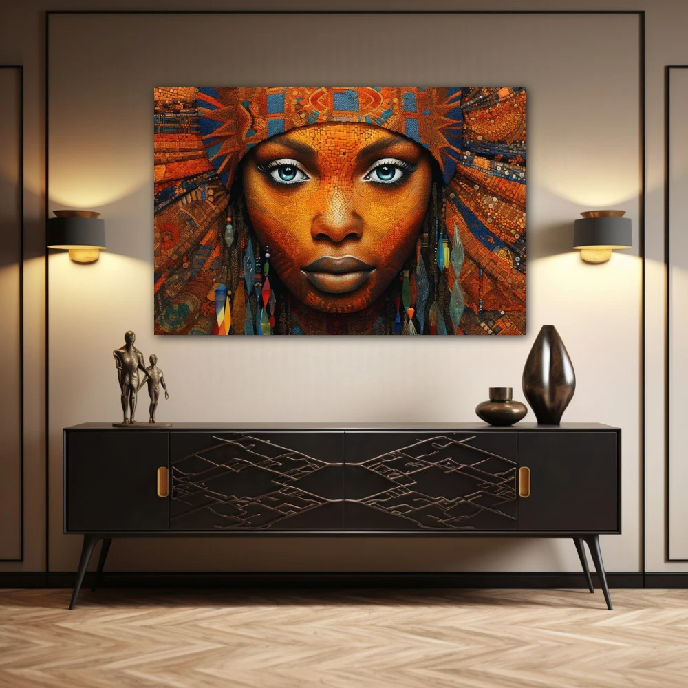 Wall Art titled: Ethnic Gaze in a Horizontal format with: Blue, and Orange Colors; Decoration the Sideboard wall