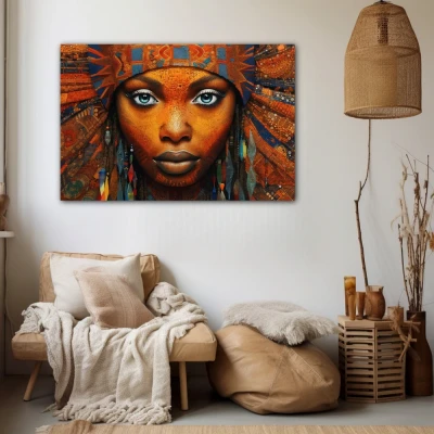 Wall Art titled: Ethnic Gaze in a Horizontal format with: Blue, and Orange Colors; Decoration the Beige Wall wall