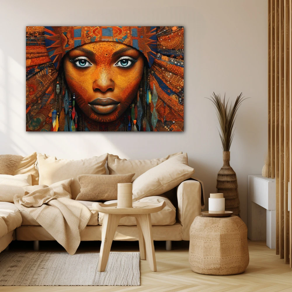 Wall Art titled: Ethnic Gaze in a Horizontal format with: Blue, and Orange Colors; Decoration the Beige Wall wall