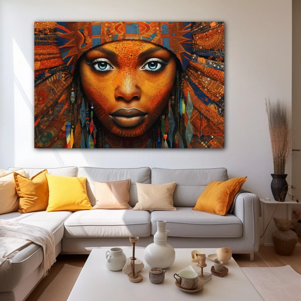 Wall Art titled: Ethnic Gaze in a Horizontal format with: Blue, and Orange Colors; Decoration the White Wall wall