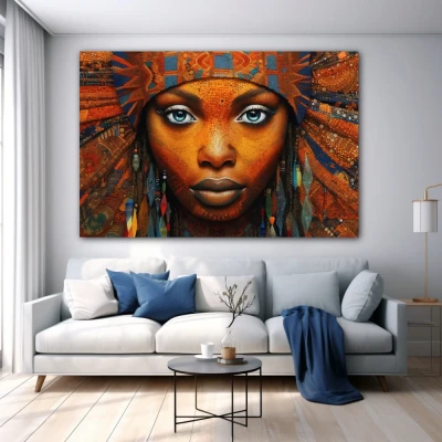 Wall Art titled: Ethnic Gaze in a Horizontal format with: Blue, and Orange Colors; Decoration the White Wall wall