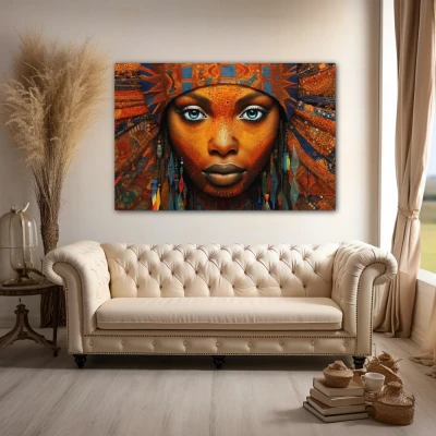 Wall Art titled: Ethnic Gaze in a  format with: Blue, and Orange Colors; Decoration the Above Couch wall