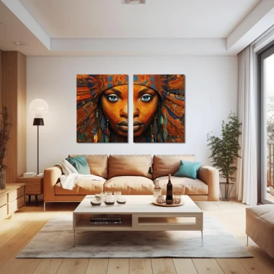 Cuadro mirada étnica en formato díptico con colores azul, naranja; decorando pared de encima del sofá