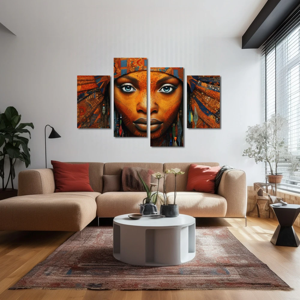 Wall Art titled: Ethnic Gaze in a Horizontal format with: Blue, and Orange Colors; Decoration the Above Couch wall