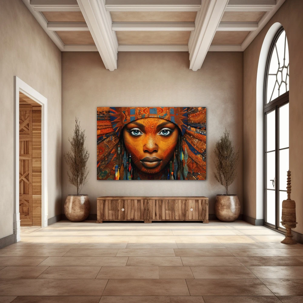 Wall Art titled: Ethnic Gaze in a Horizontal format with: Blue, and Orange Colors; Decoration the Entryway wall