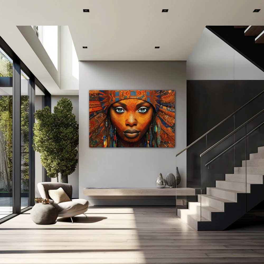 Wall Art titled: Ethnic Gaze in a Horizontal format with: Blue, and Orange Colors; Decoration the Staircase wall