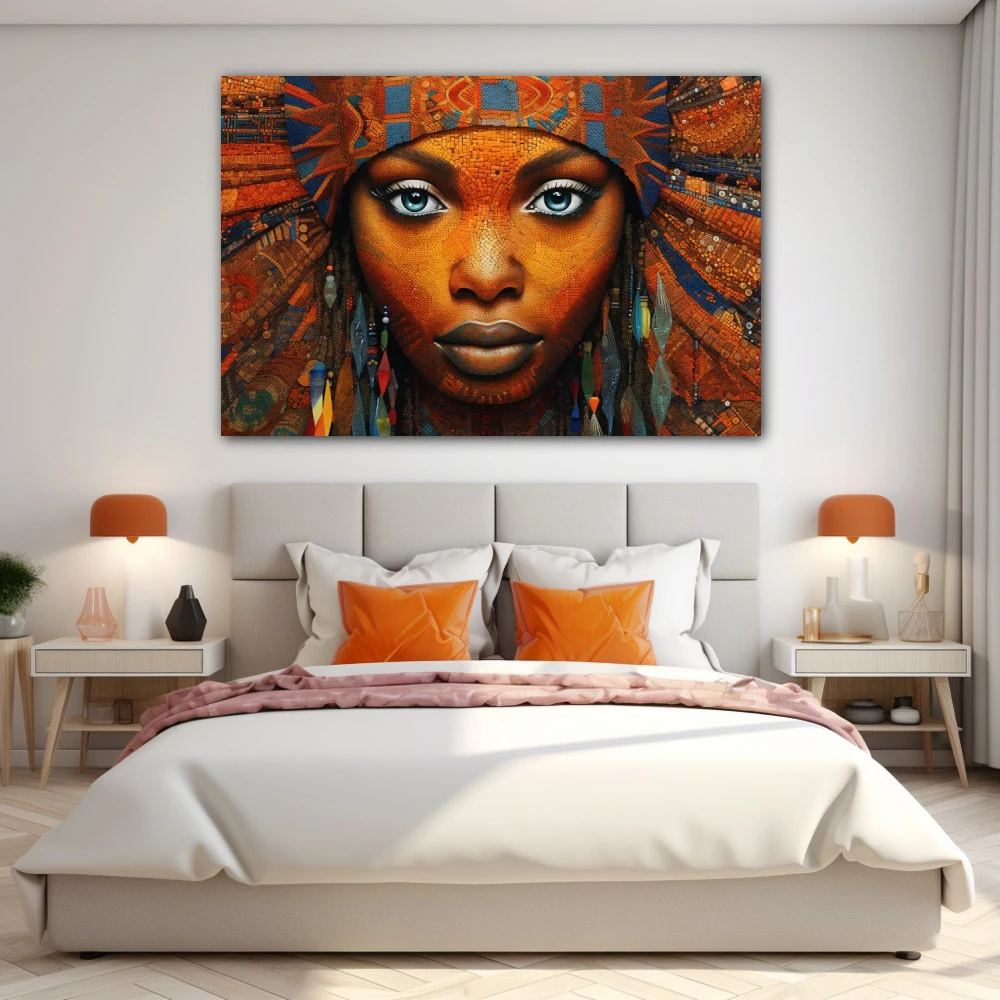 Wall Art titled: Ethnic Gaze in a Horizontal format with: Blue, and Orange Colors; Decoration the Bedroom wall