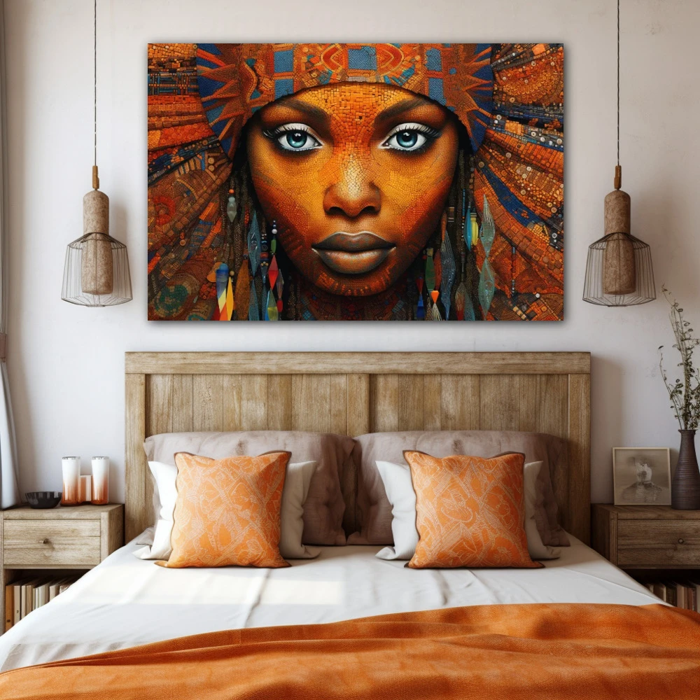 Wall Art titled: Ethnic Gaze in a Horizontal format with: Blue, and Orange Colors; Decoration the Bedroom wall