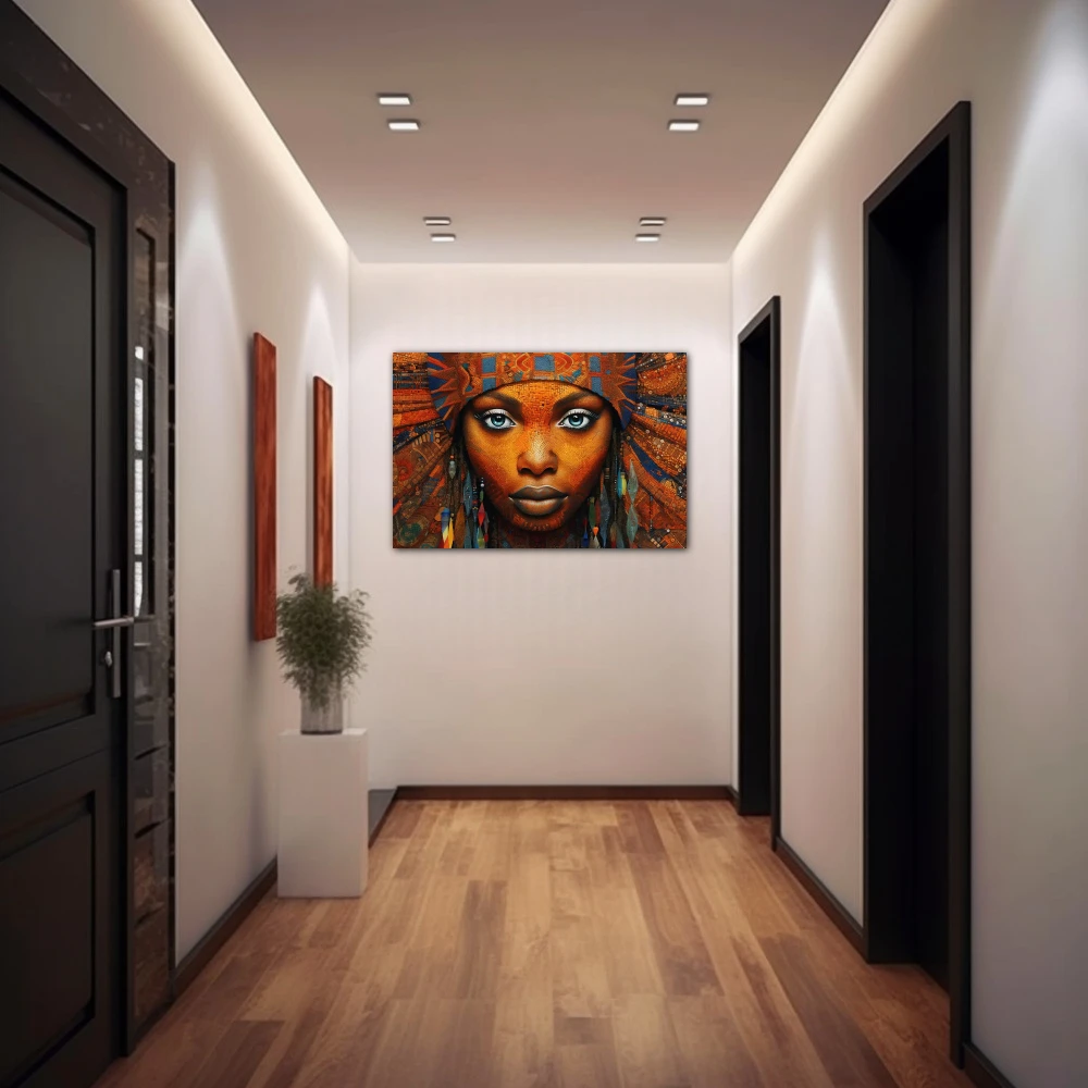 Wall Art titled: Ethnic Gaze in a Horizontal format with: Blue, and Orange Colors; Decoration the Hallway wall