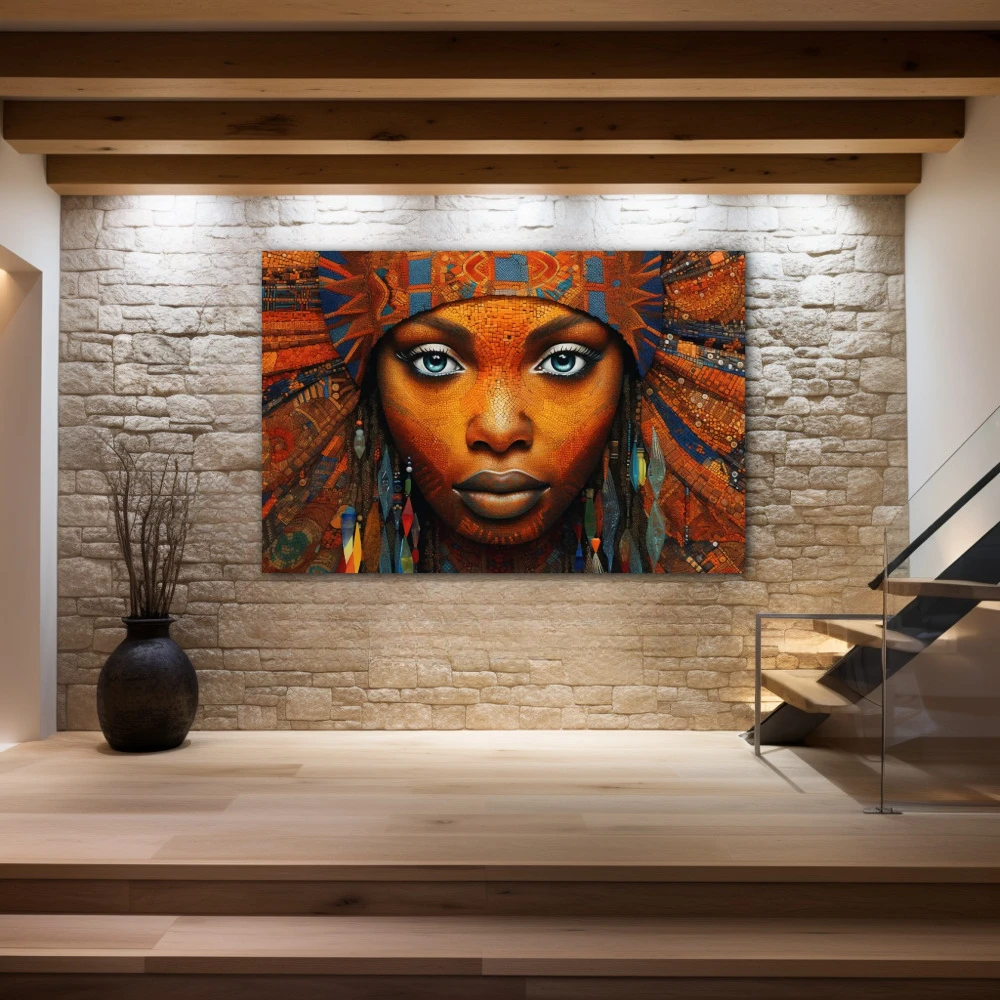 Wall Art titled: Ethnic Gaze in a Horizontal format with: Blue, and Orange Colors; Decoration the Stone Walls wall