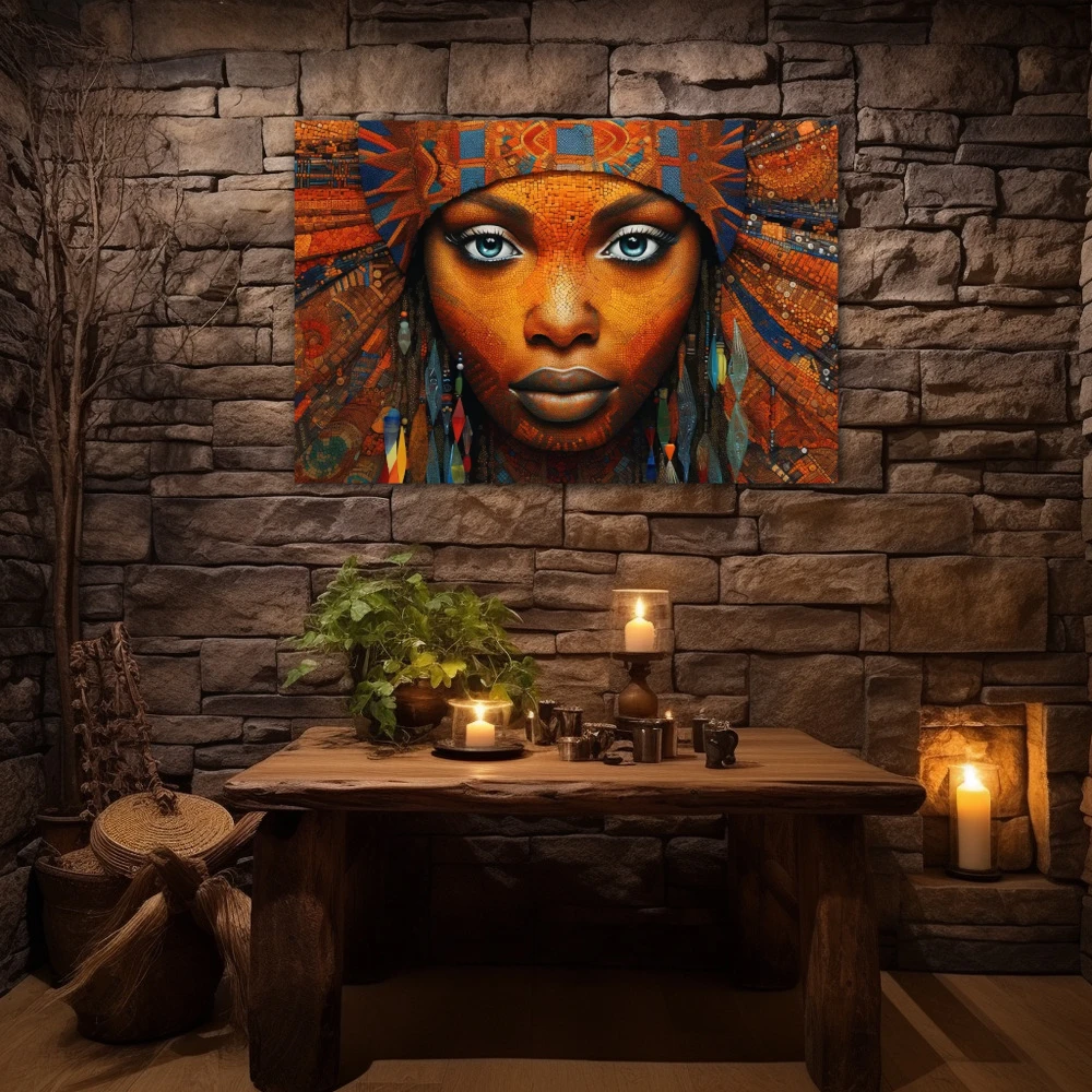 Wall Art titled: Ethnic Gaze in a Horizontal format with: Blue, and Orange Colors; Decoration the Stone Walls wall