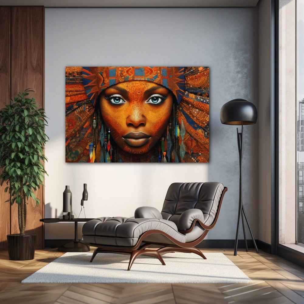 Wall Art titled: Ethnic Gaze in a Horizontal format with: Blue, and Orange Colors; Decoration the Living Room wall