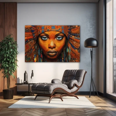 Wall Art titled: Ethnic Gaze in a  format with: Blue, and Orange Colors; Decoration the Living Room wall