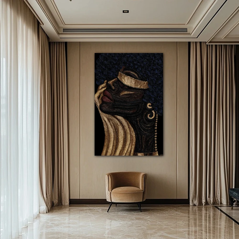 Wall Art titled: Afro of Gold and Soul in a Vertical format with: Golden, and Black Colors; Decoration the Beige Wall wall