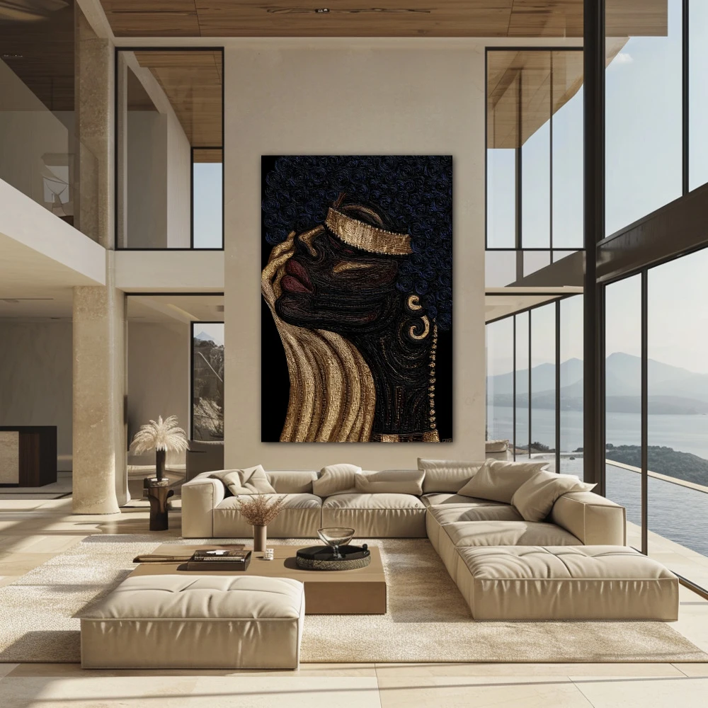 Wall Art titled: Afro of Gold and Soul in a Vertical format with: Golden, and Black Colors; Decoration the Above Couch wall
