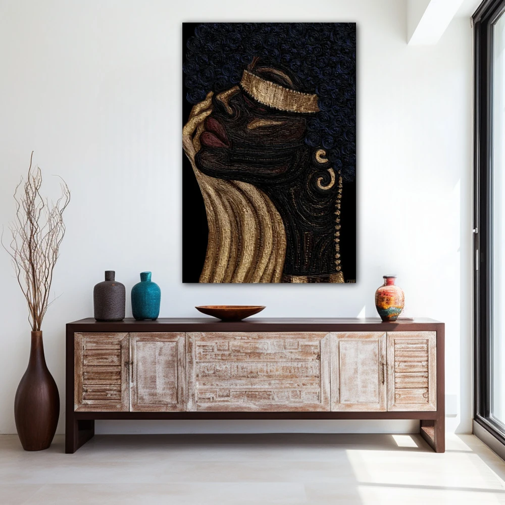 Wall Art titled: Afro of Gold and Soul in a Vertical format with: Golden, and Black Colors; Decoration the Entryway wall